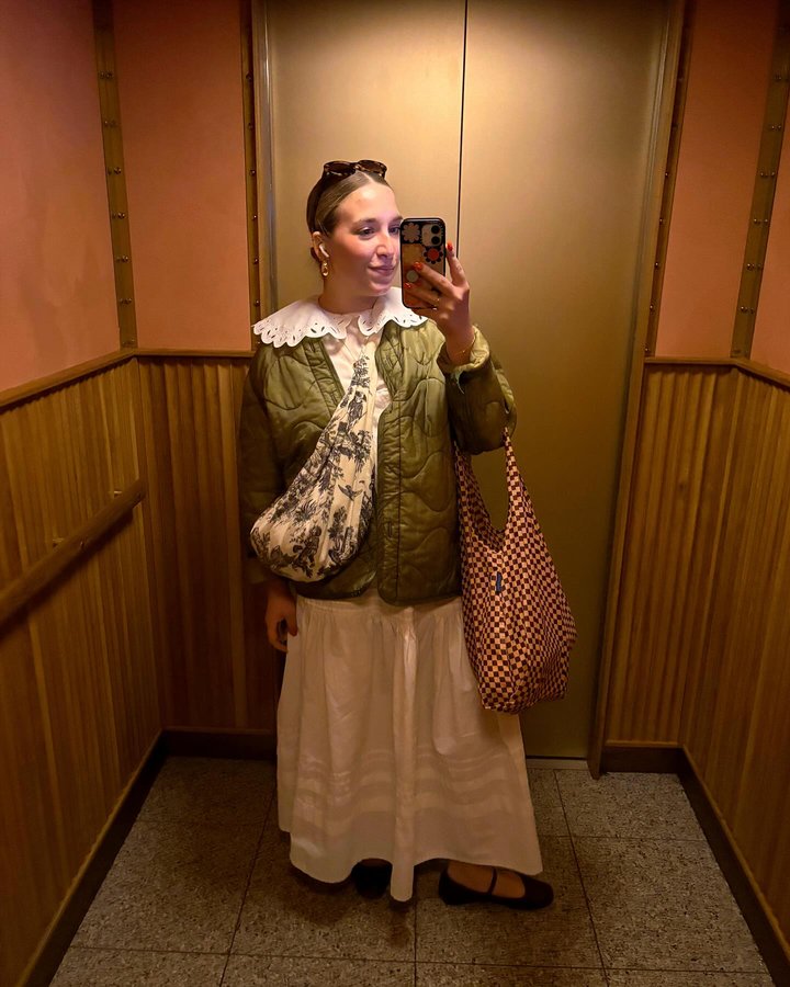 Instagram post by @whatabbeywore for BAGGU. Caption reads: [...] 
#bfbestiebag 
@baggu (obvi)
@madewell....