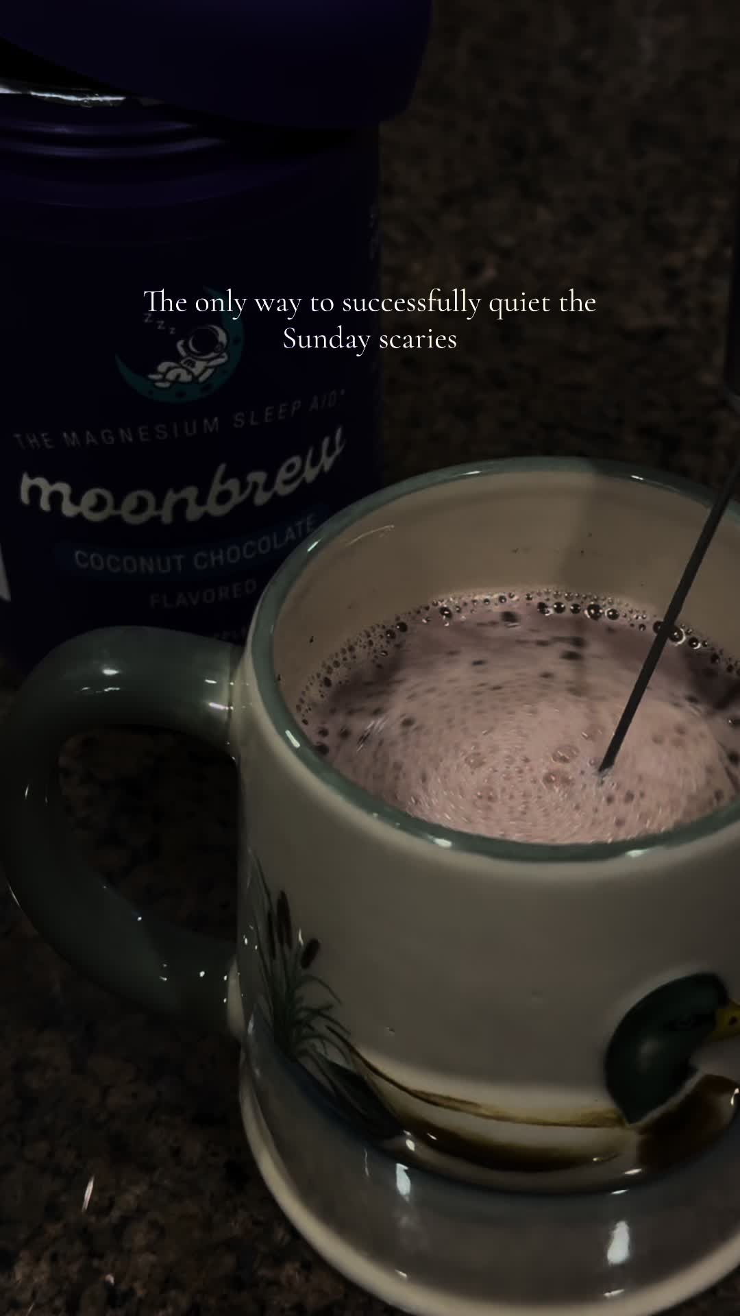 TikTok post by @brooksanddone for MoonBrew. Caption reads: [...] bright eyed and bushy tailed. 😴 🥥 ☕️....