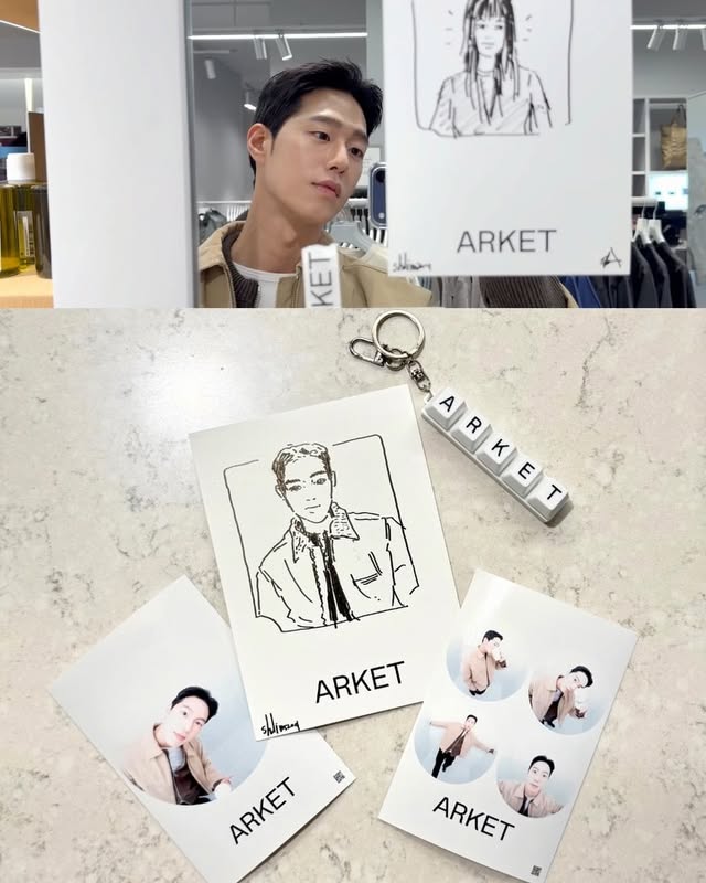 Instagram post by @onedohyun for ARKET. Caption reads: ARKET 롯데월드몰점 매장 오픈✨@arketofficial #광고 이번 새롭게 [...].