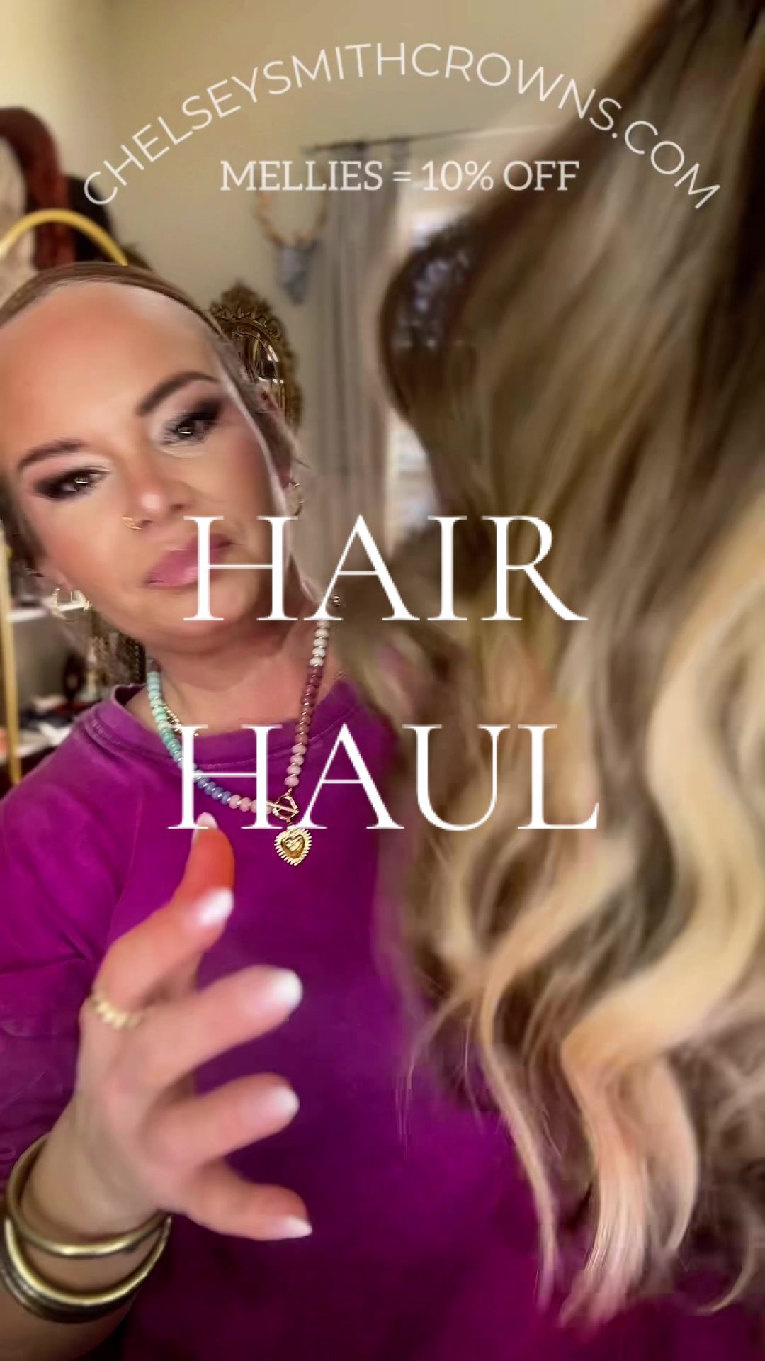 TikTok post by @unapologeticallymellie for Chelsey Smith Cosmetics. Caption reads: Welcome home beauties!! 🤩 A hair haul always....