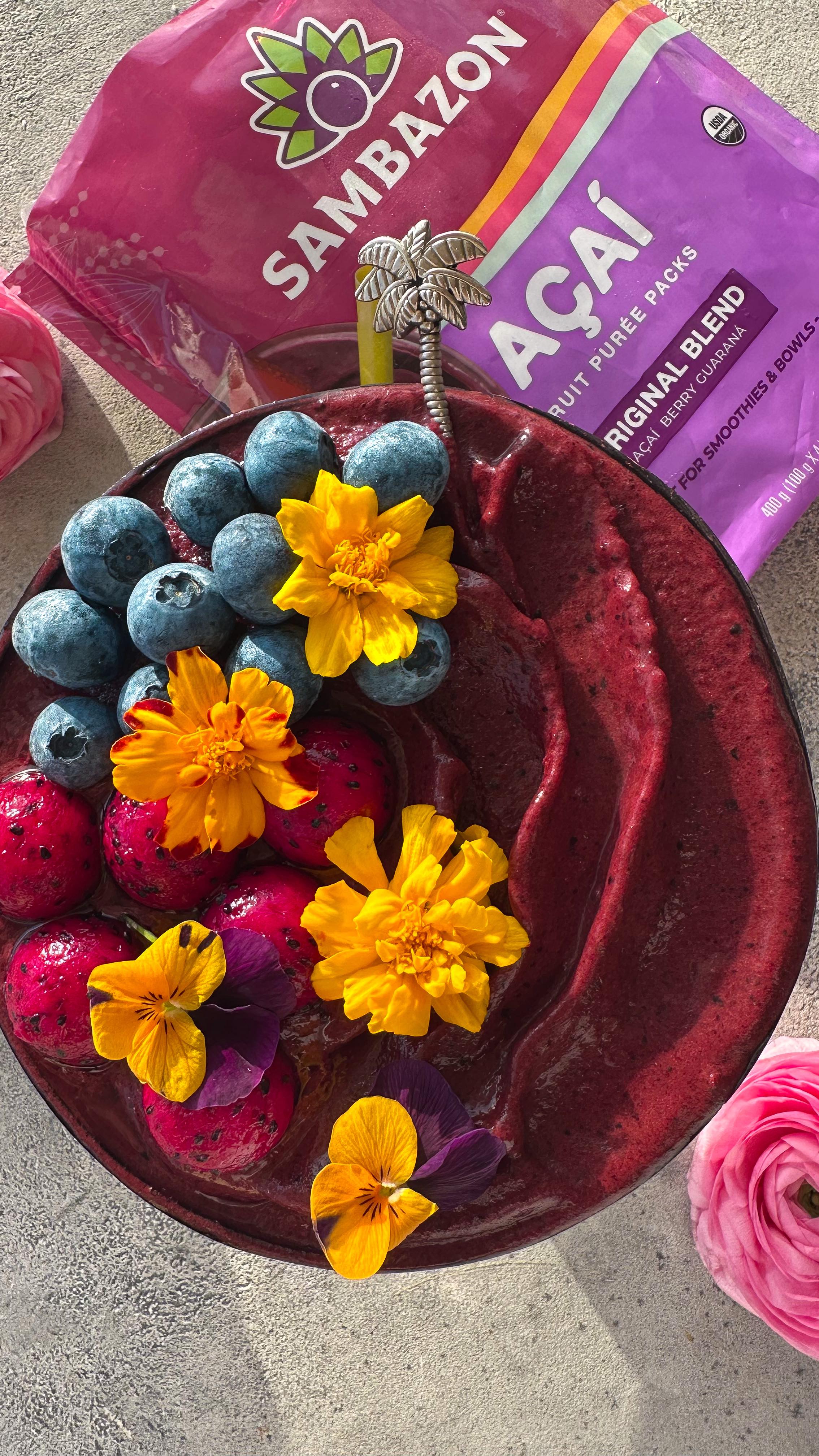 Instagram post by @littlekalegirl for SAMBAZON. Caption reads: Spring smoothie bowl magic with @sambazon_ausnz....