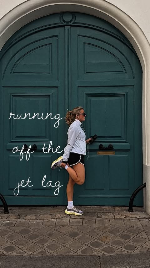 Instagram post by @eatlizabeth for Athleta. Caption reads: [...] ✈️ Wearing stunning pieces from the @athleta....