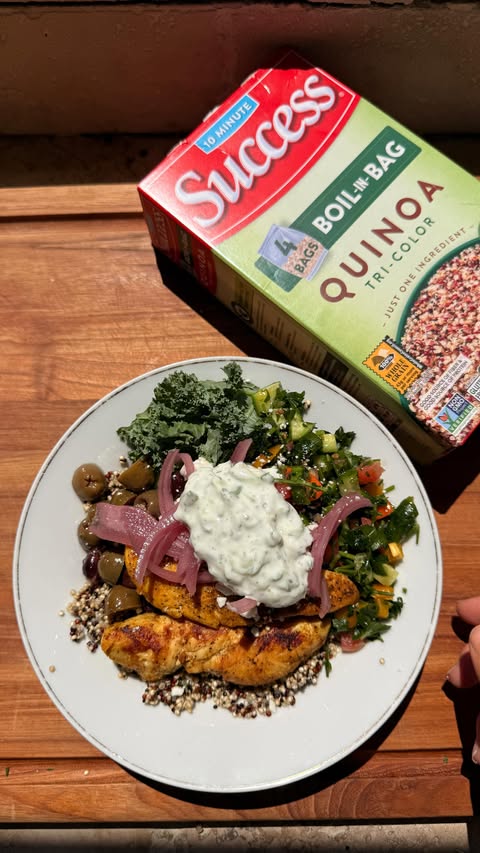 Instagram post by @recipebylayla for Success Rice. Caption reads: Mediterranean Chicken Greek Salad Ingredients: -6....