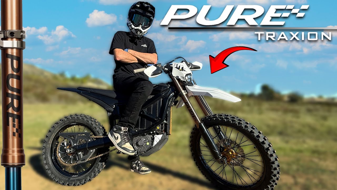 YouTube post by @motomatt224 for Electro & Company. Caption reads: PURE Racing Traxion S Forks — The Best Surron....