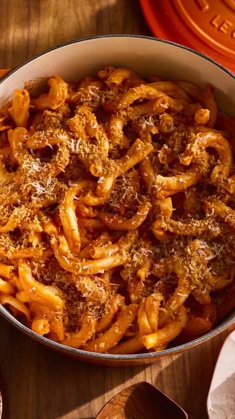 Instagram post by @whatsgabycookin for Le Creuset. Caption reads: [...] alla Vodka all comes together in my....