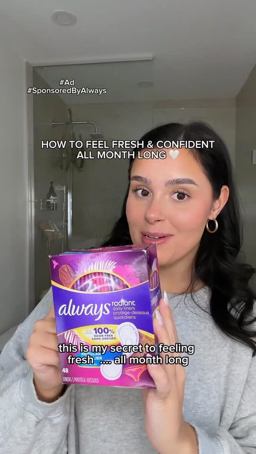 Instagram post by @natdoumkos for Always. Caption reads: #ad @always_brand Radiant Liners have been such a....