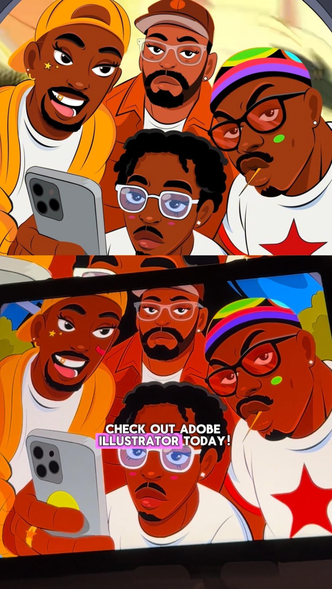 Instagram post by @hippypotter for Adobe Design. Caption reads: Learn how to turn you and your friends into....