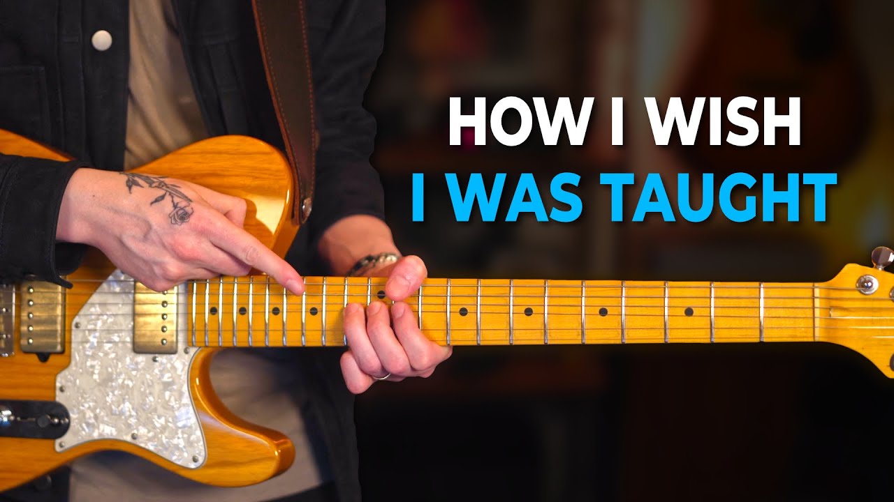 YouTube post by @andrewclarkeguitar for Stringjoy. Caption reads: How the 5 Positions Should Really Be Explained to....