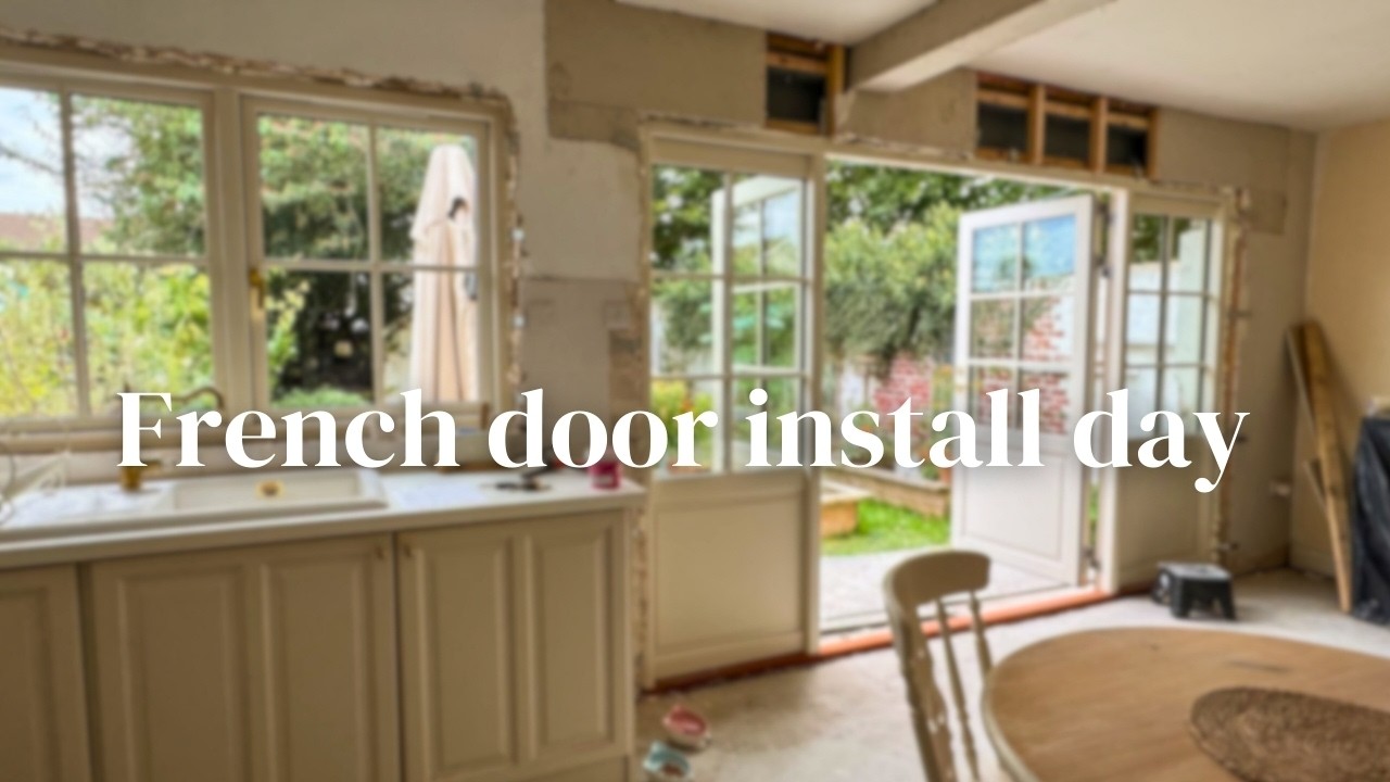 YouTube post by @DaintyDiaries for Flodesk. Caption reads: My Nancy Meyers French Doors Arrived! Cottage....