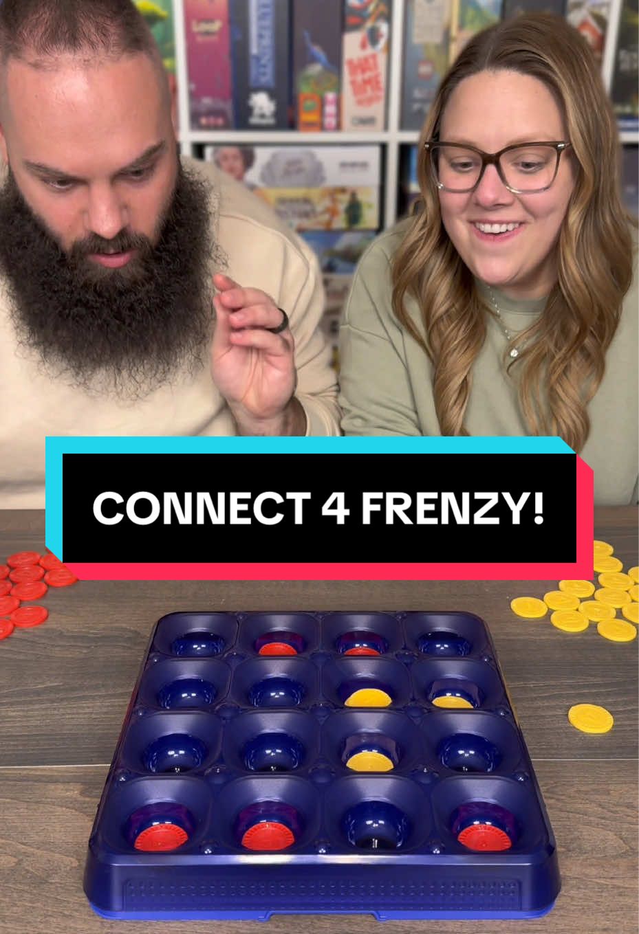 TikTok post by @games4two for Hasbro. Caption reads: #ad Come Play Connect 4 Frenzy With Us! 3... 2.......