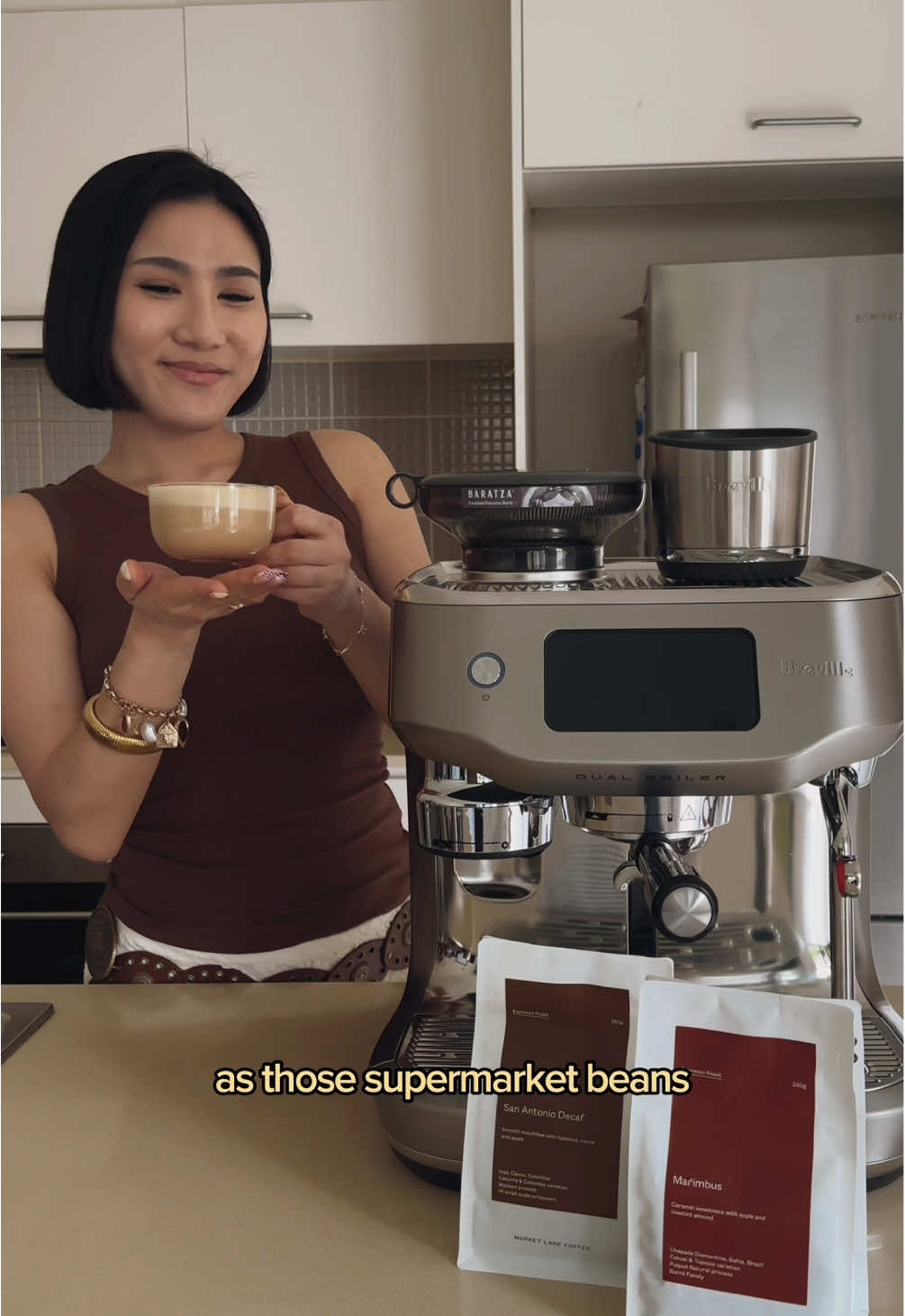 TikTok post by @yourfavkimmy for Breville. Caption reads: [...] coffee tasted flat even with a good....
