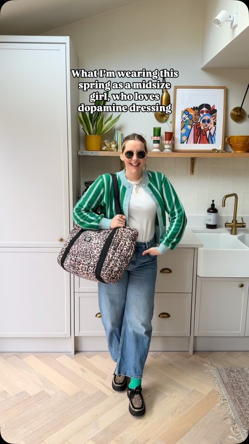 Instagram post by @leannedopaminedressing for OMNES. Caption reads: [...] Top: @asos Striped Cardigan: @omnes * Bag:....