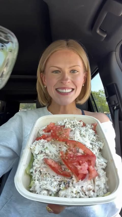 Instagram post by @smaller_sam.pcos for Jersey Mike's Subs. Caption reads: @jerseymikes Chicken Salad Sub (390 cals + 21g....