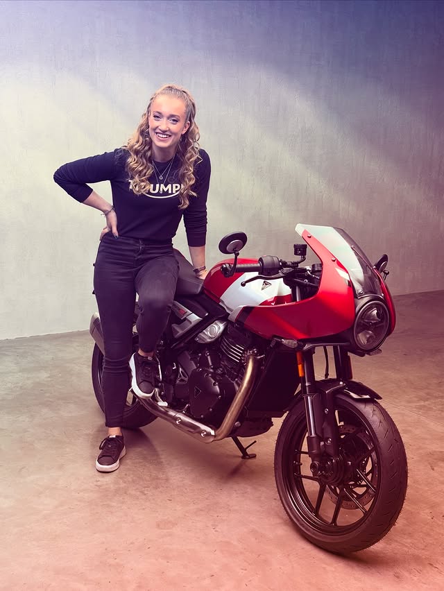 Instagram post by @officialgracewebb for Triumph Motorcycles. Caption reads: [...] ▶️ 🎥 📸 @denis_plesca #triumph....