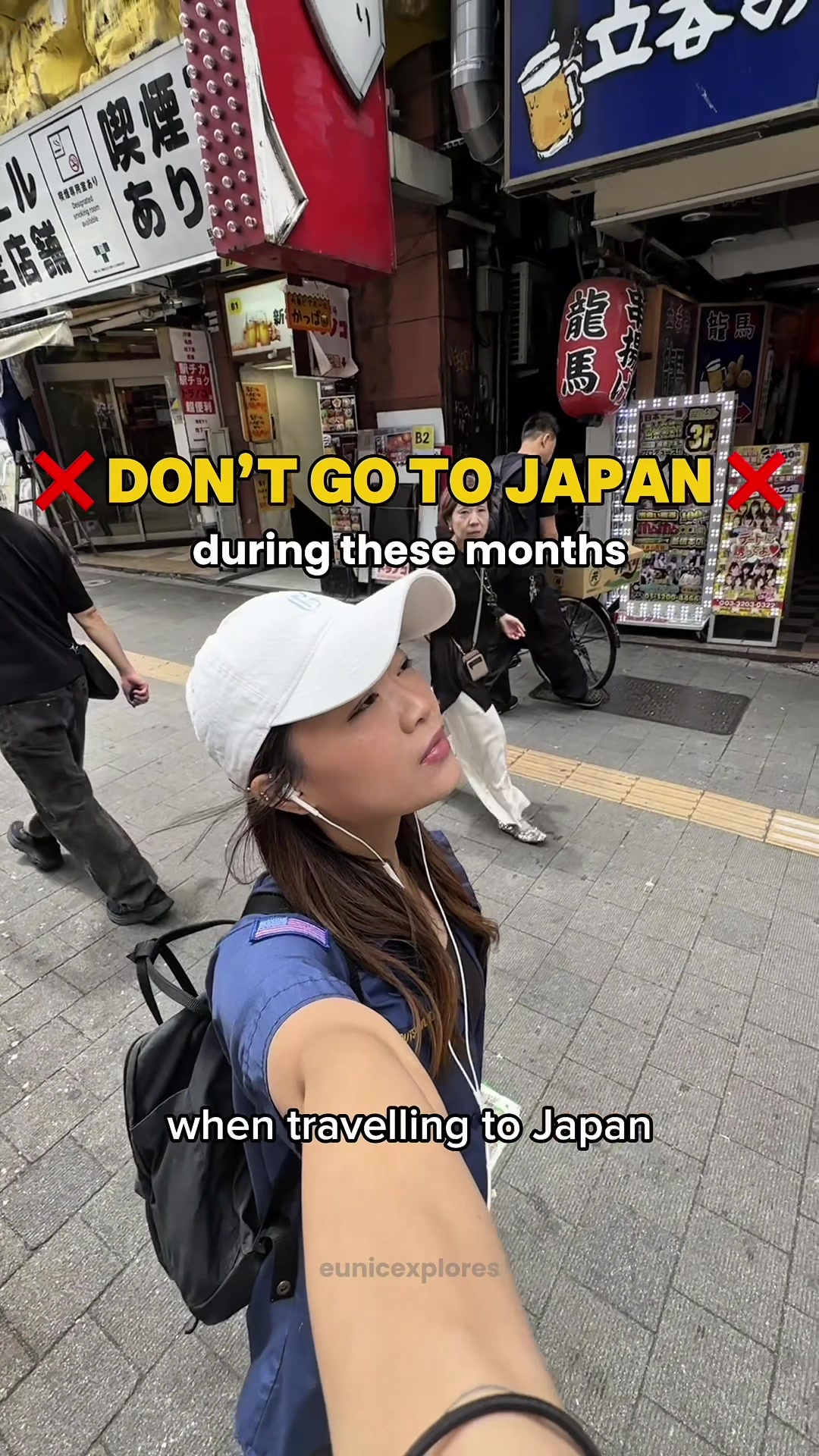 TikTok post by @eunicexplores for Skyscanner. Caption reads: DON’T GO TO JAPAN ❌ …in these months and when to....