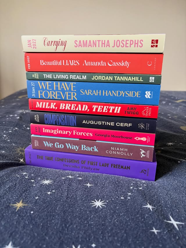 Instagram post by @lucy.reads.lots for Pan Macmillan. Caption reads: All my 2027 releases so far 📚 I’m lucky enough to....
