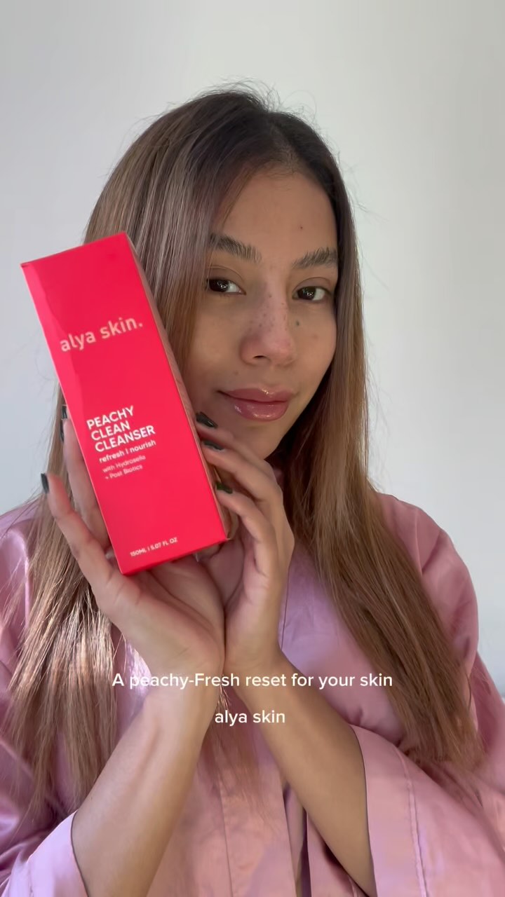 Instagram post by @missfatimardz for Alya Skin. Caption reads: First time trying the Peachy Clean Cleanser from....