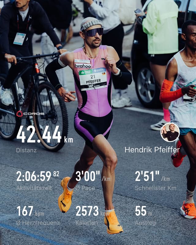 Instagram post by @hendrik_pfeiffer for COROS. Caption reads: My @maratonvalencia race stats 🏁
——
*ad collected....