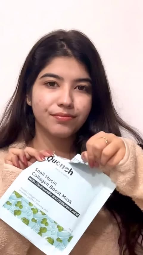 Instagram post by @vanshika.kapoor6 for Quench Botanics. Caption reads: (Quench snail mucin collagen Boost mask, best face....