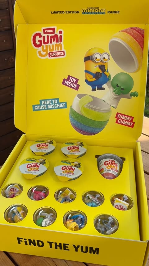 Instagram post by @scatteredadventures for Zuru Toys. Caption reads: #gifted Minions & Monsters Gumi Yum Surprise Box!....