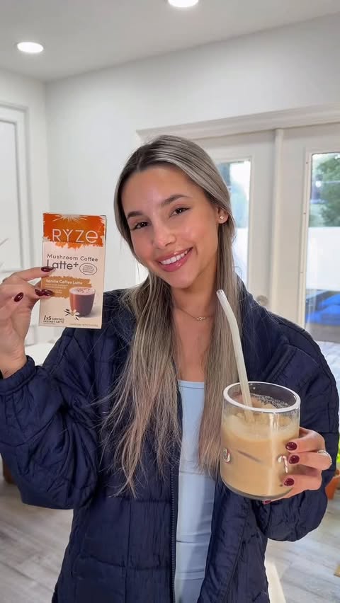 Instagram post by @gabrielaxgomez for RYZE SUPERFOODS. Caption reads: #ad my new coffee obsession, these @ryzesuperfoods....