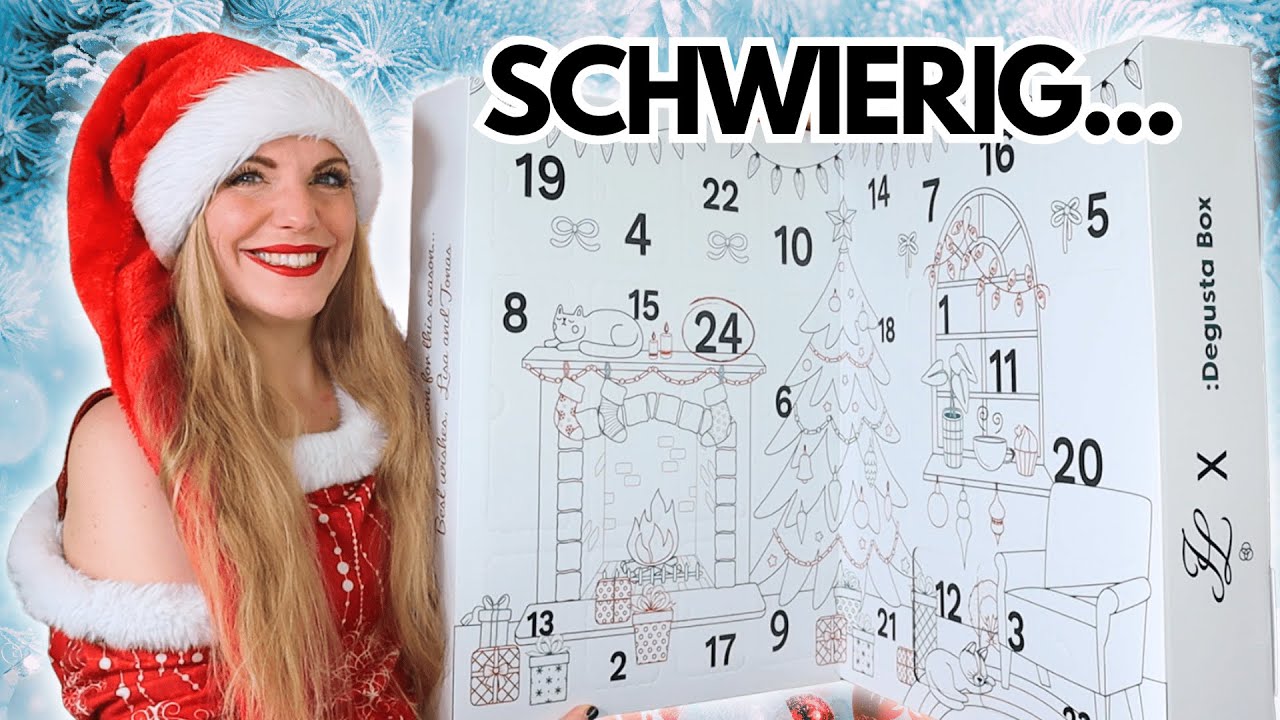 YouTube post by @ClaudisWelt for Degusta Box. Caption reads: DEGUSTA BOX Family Advent Calendar 2025 Contents....
