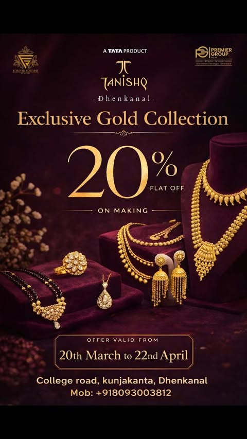 Instagram post by @dhenkanal.times for Tanishq. Caption reads: TANISHQ ( A TATA Product ) - DHENKANAL 💍. [...].