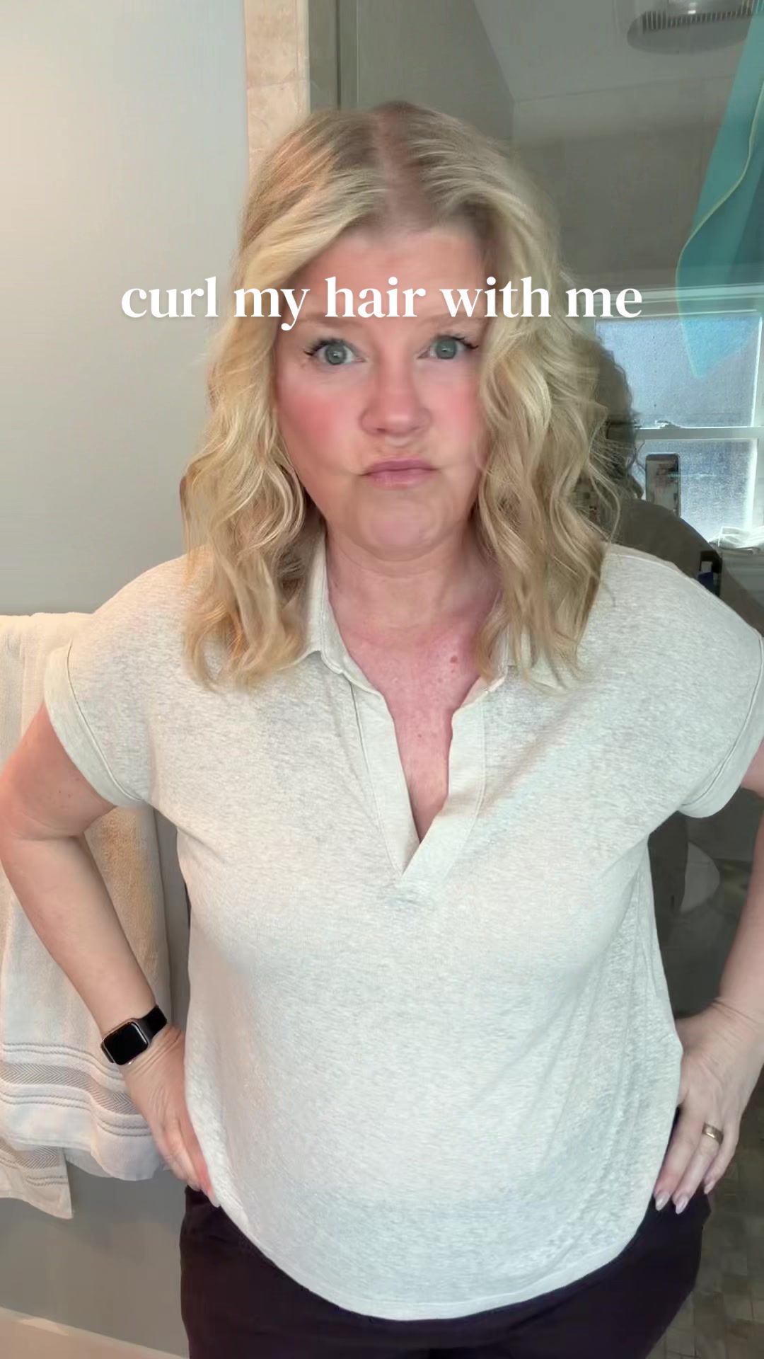 TikTok post by @workwifemom for Beachwaver. Caption reads: curl my hair with me !! 🥂🩷👑 #blonde #beachwaver....