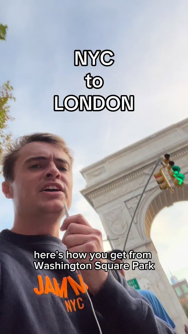 Instagram post by @johnnymurtaugh for Away. Caption reads: Where to next? #travel #nyc #london.