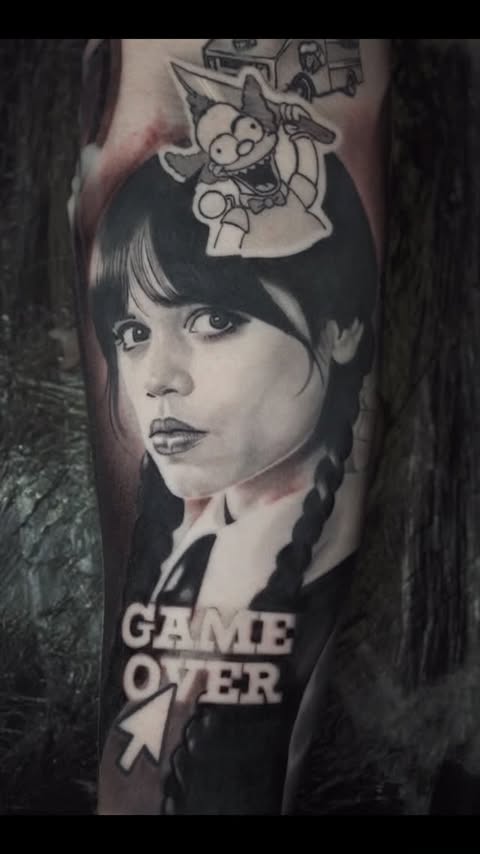 Instagram post by @studiotwo23 for Magnum Tattoo Supplies. Caption reads: Mostly healed Wednesday Addams with fresh....