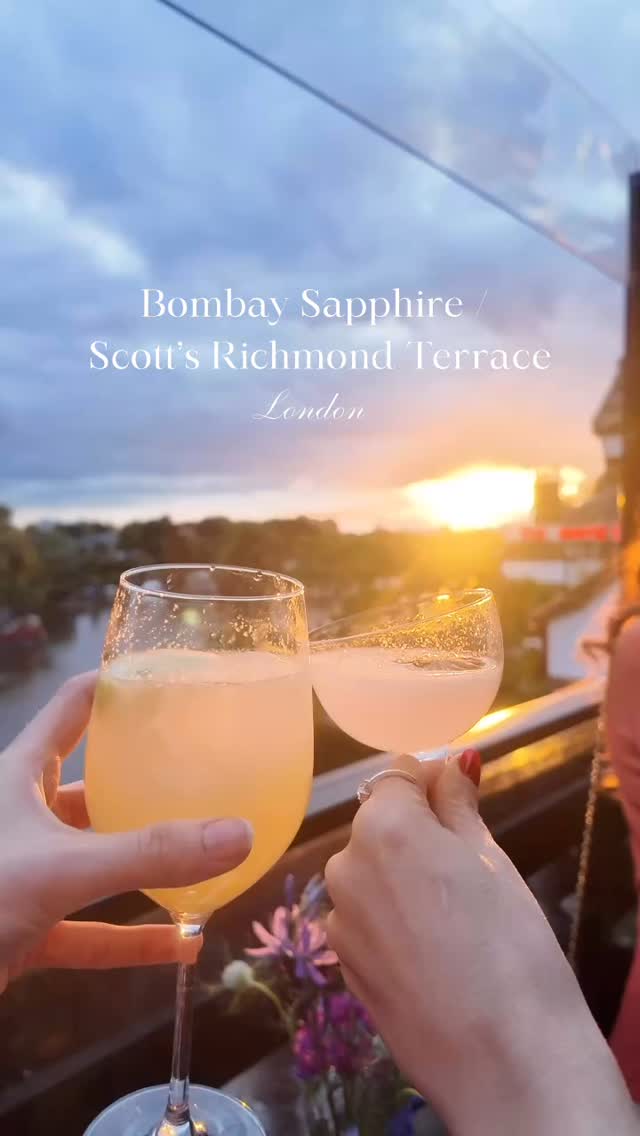 Instagram post by @lifewithsui for Bombay Sapphire. Caption reads: A golden evening at @scottsrichmond , soaking up....