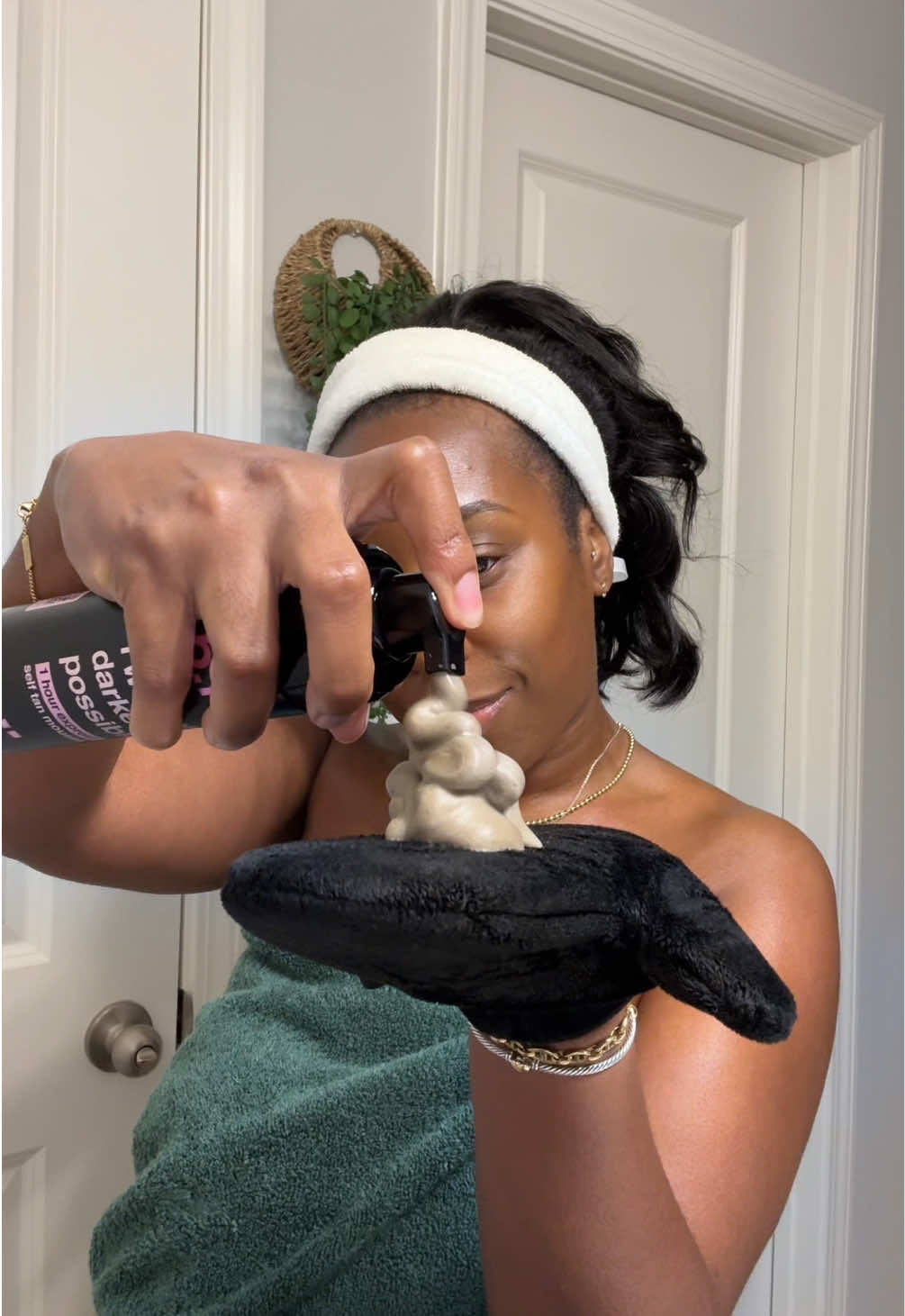 TikTok post by @andrearenee00 for b.tan // b.fresh. Caption reads: black girls tan too! giving my skin that extra....