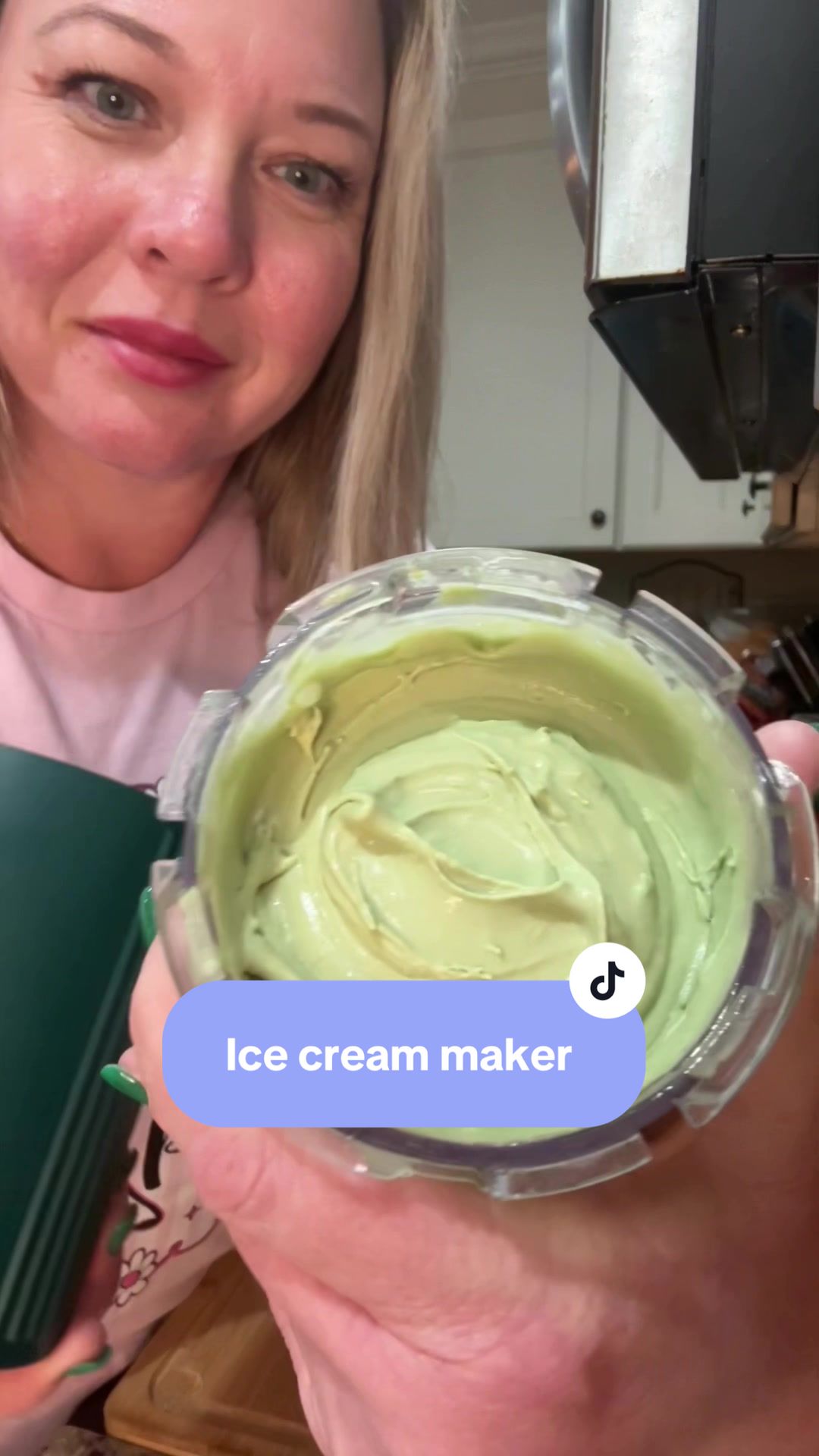 TikTok post by @shoppinwithamy for QVC. Caption reads: [...] an ice-cream-prepper now 😂🍨 @QVC, Inc....