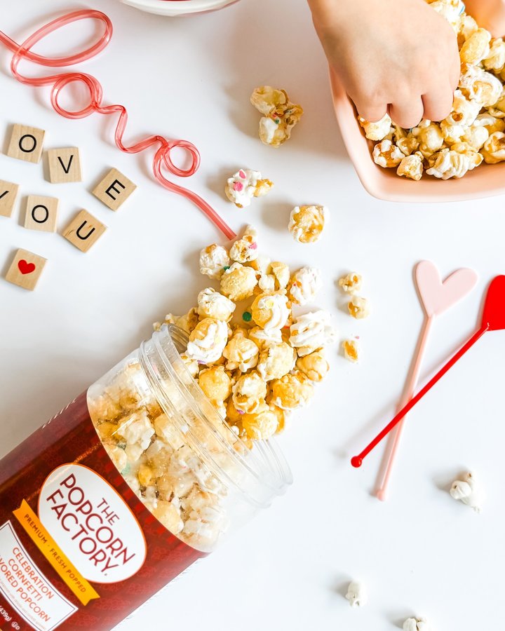 Instagram post by @ali.inthedetails for The Popcorn Factory. Caption reads: Skipping towards Valentine’s Day with all the cozy....