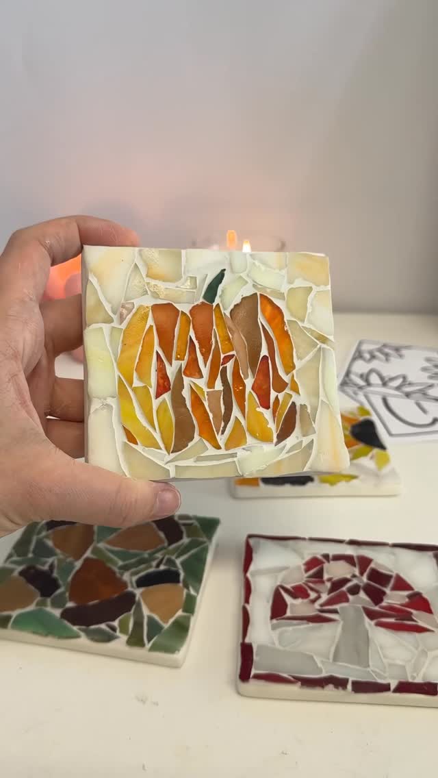 Instagram post by @themakingbox_ for Hobbycraft. Caption reads: DIY autumnal mosaic coasters! You all know how....