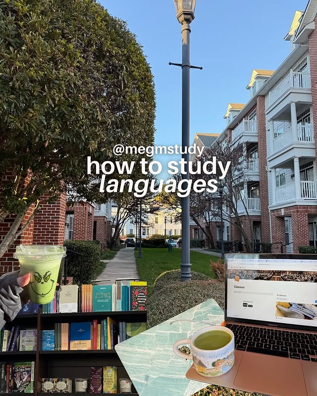 Instagram post by @megmstudy for Notion. Caption reads: how to study languages 📚📑✏️📖

✨save for....