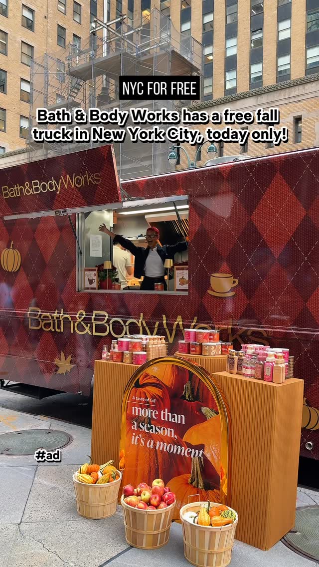 Instagram post by @nyc_forfree for Bath & Body Works. Caption reads: #Ad @BathandBodyWorks has a free Fall Truck in New....