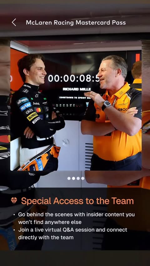 Instagram post by @krisfade for McLaren. Caption reads: Your pass to the thrill of the McLaren Formula 1....