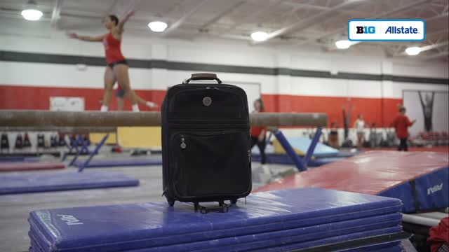 Instagram post by @b1ggymnastics for Allstate. Caption reads: [...] to Spain. On The Beam presented by @allstate.