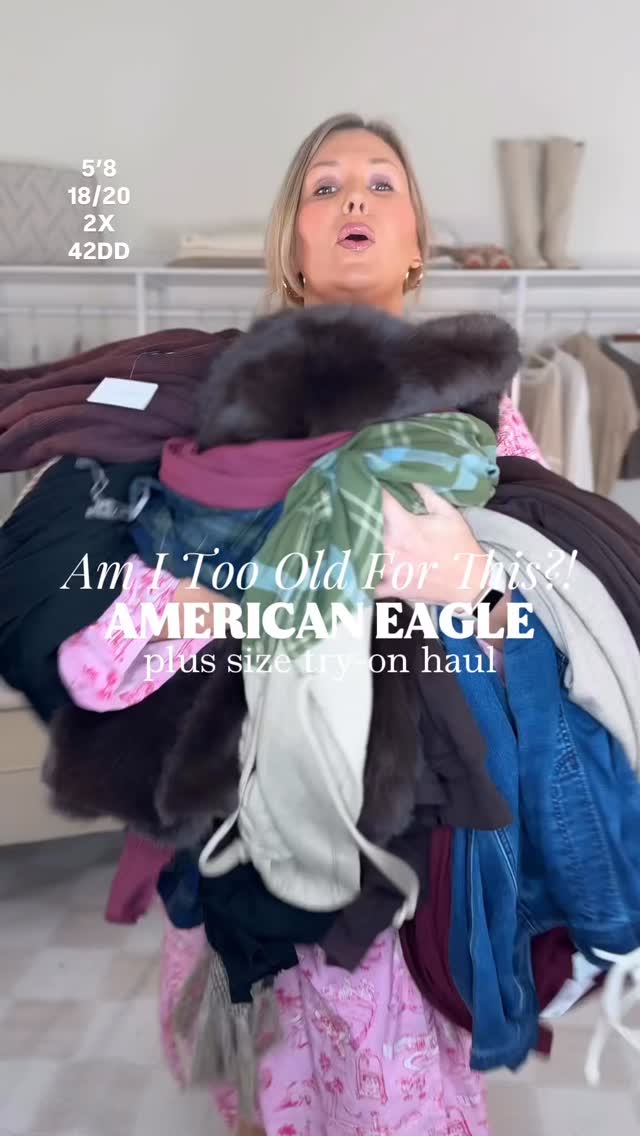 Instagram post by @ashley_dorough for American Eagle. Caption reads: SIZES XXL-XXS ✨ Am I Too Old For This?! These ones....