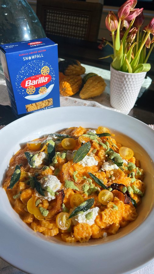 Instagram post by @kdmkitchen for Barilla. Caption reads: Nothing says cozy like a bowl of perfectly al....