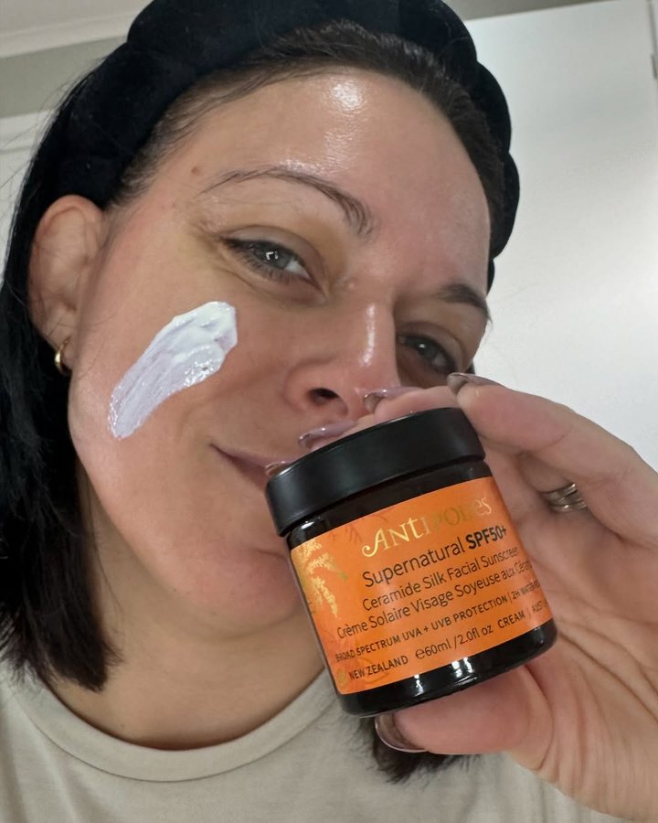 Instagram post by @jess_pinal for Antipodes Skincare. Caption reads: 💛💛💛💛💛💛💛

Antipodes 

Supernatural SPF50+....