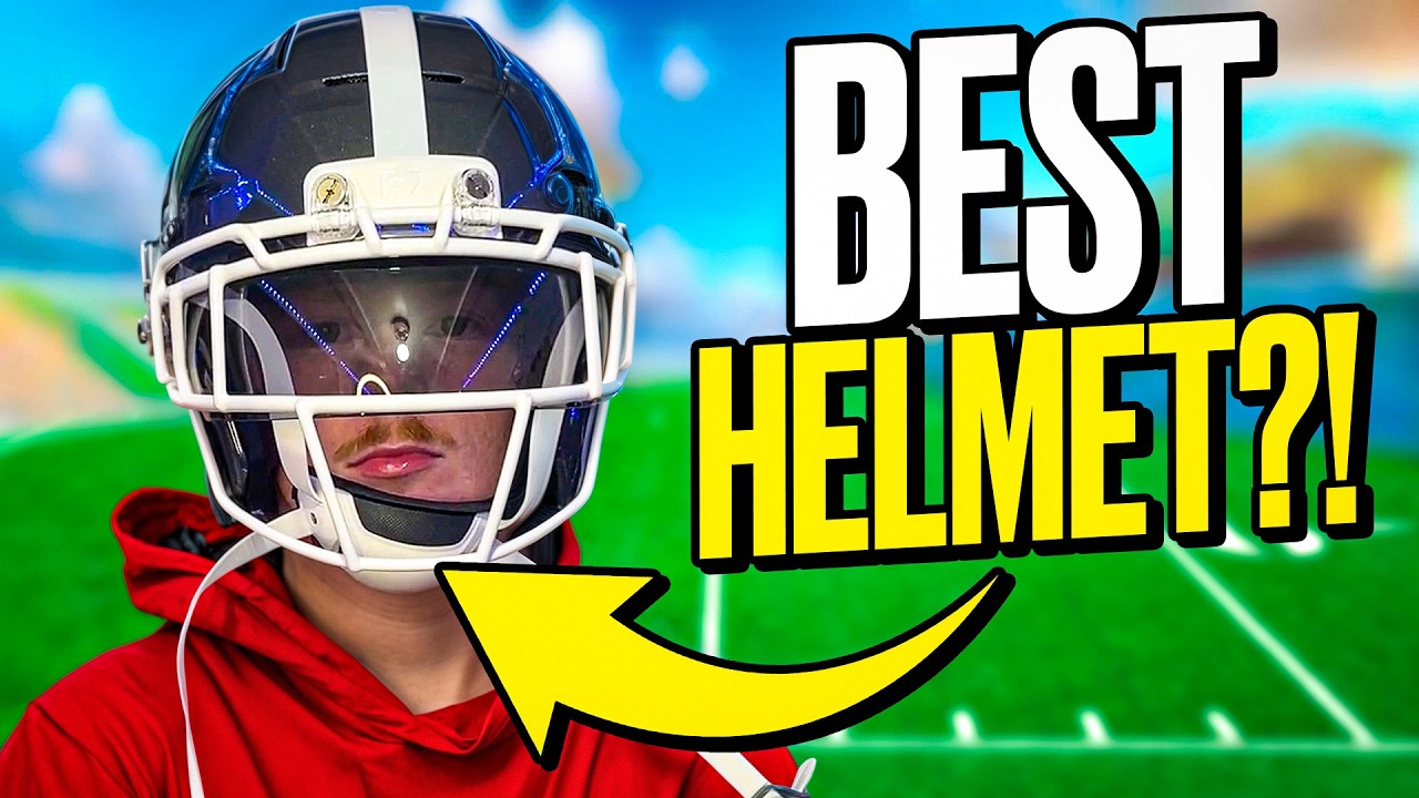 YouTube post by @Footballrs for SHOC. Caption reads: The BEST Football Helmet?! Schutt F7 Pro Review.