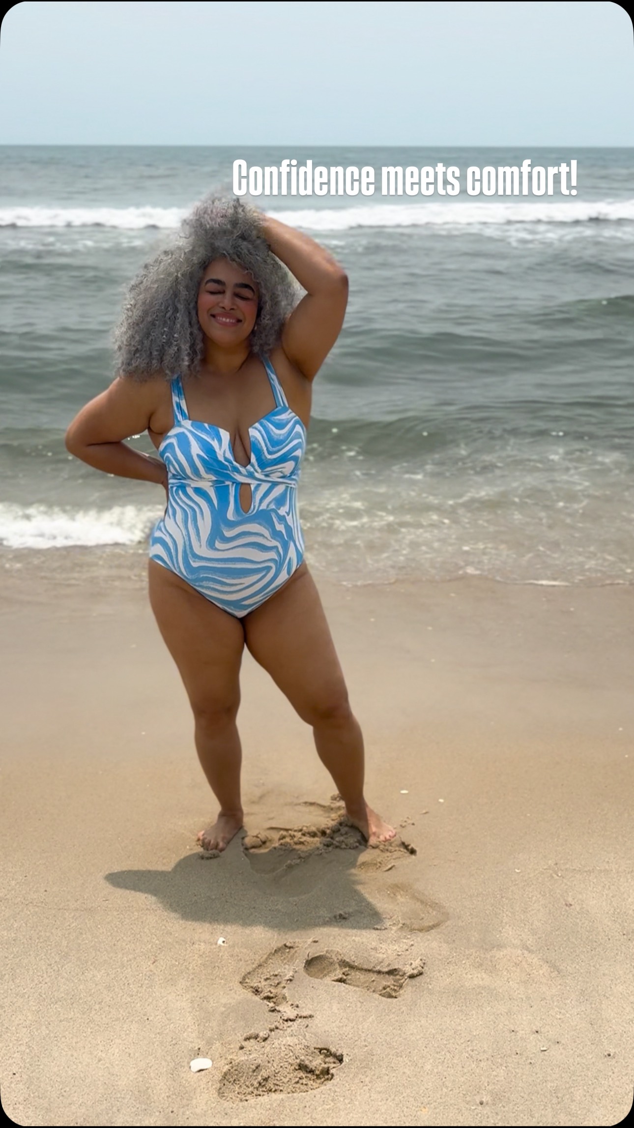 Instagram post by @silvercurls_ for Beach2Ocean. Caption reads: Confidence meets comfort! 🌴

 @beach2oceanswim....