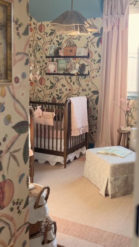 Instagram post by @thegeorgeshome for Namesake Home. Caption reads: ✨TWIN NURSERY REVEAL✨ It’s weird how a room can....