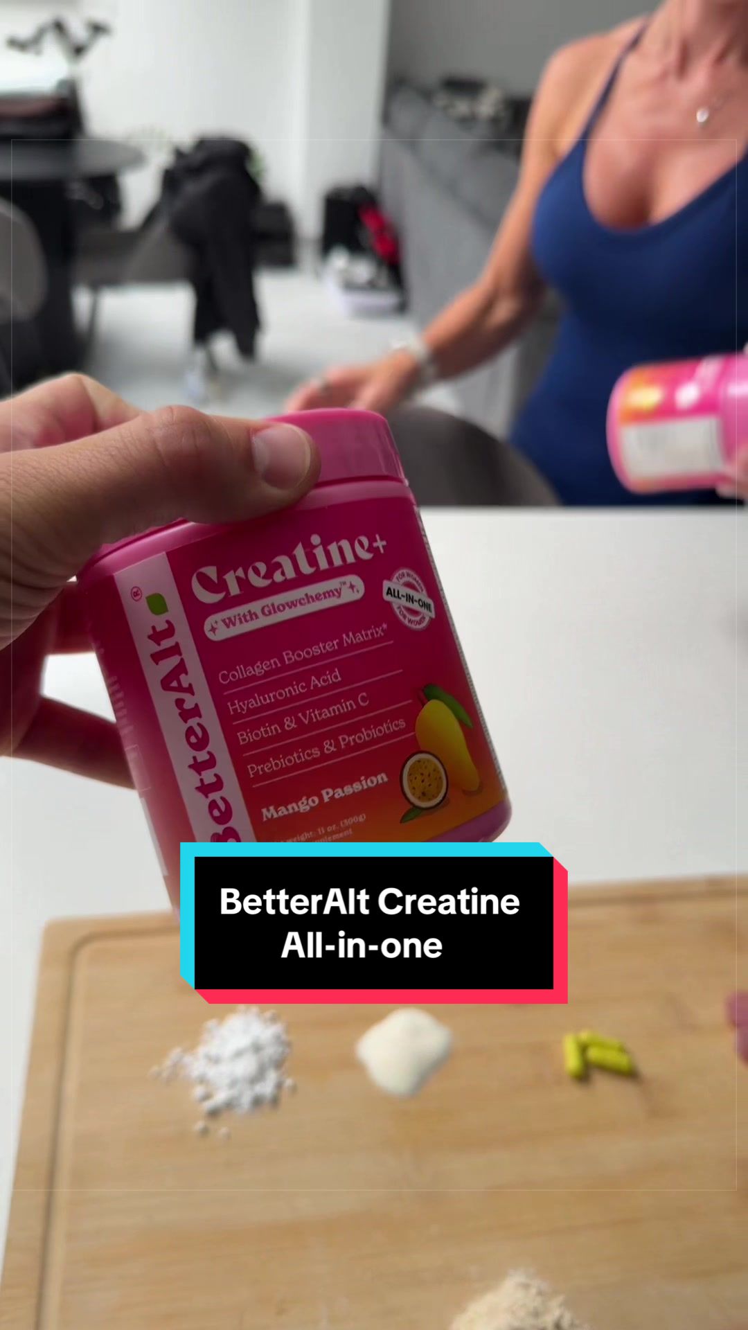 TikTok post by @jaabbex for BetterAltUK. Caption reads: @BetterAltUK Creatine + 🍑 😍 #creatinepowder....