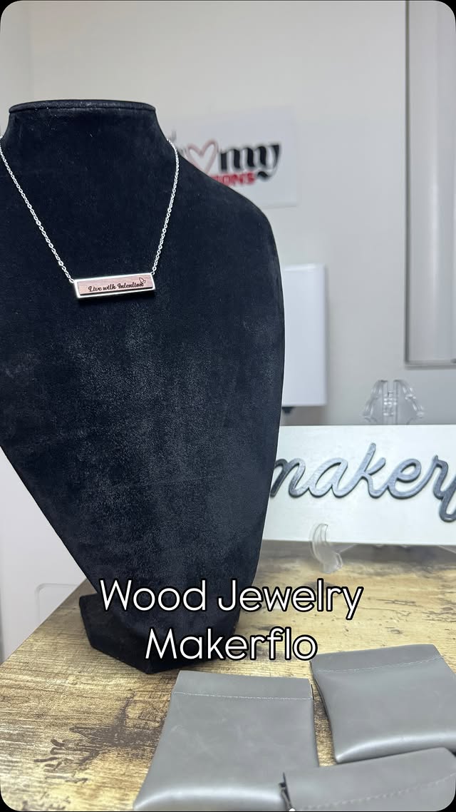 Instagram post by @makerflo_ for LaserPecker. Caption reads: This Premium Wood Jewelry collection comes in....
