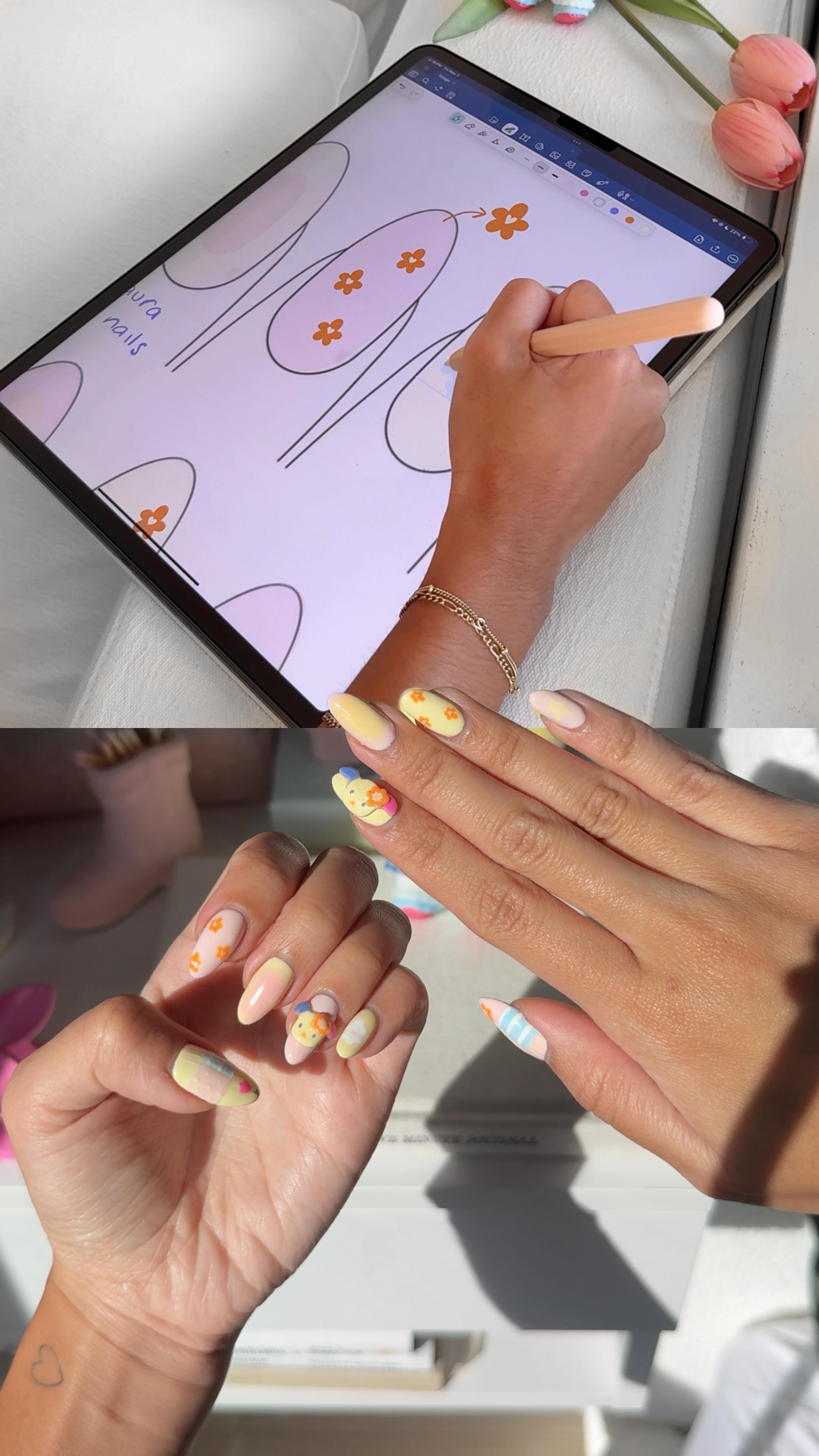 Instagram post by @patriizzle for Sanrio. Caption reads: save and try my pastel nail design inspired by....