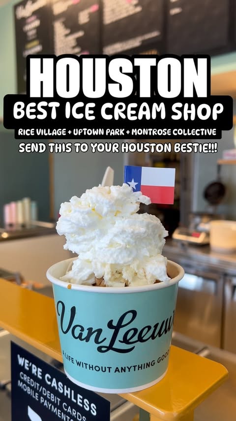 Instagram post by @thathoustonmom for Van Leeuwen Ice Cream. Caption reads: [...] cream in Houston, we found it at....