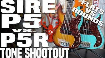 YouTube post by @LowEndLobster for SIT Strings. Caption reads: Sire P5 vs P5R - Flatwound vs Roundwound 5 String....